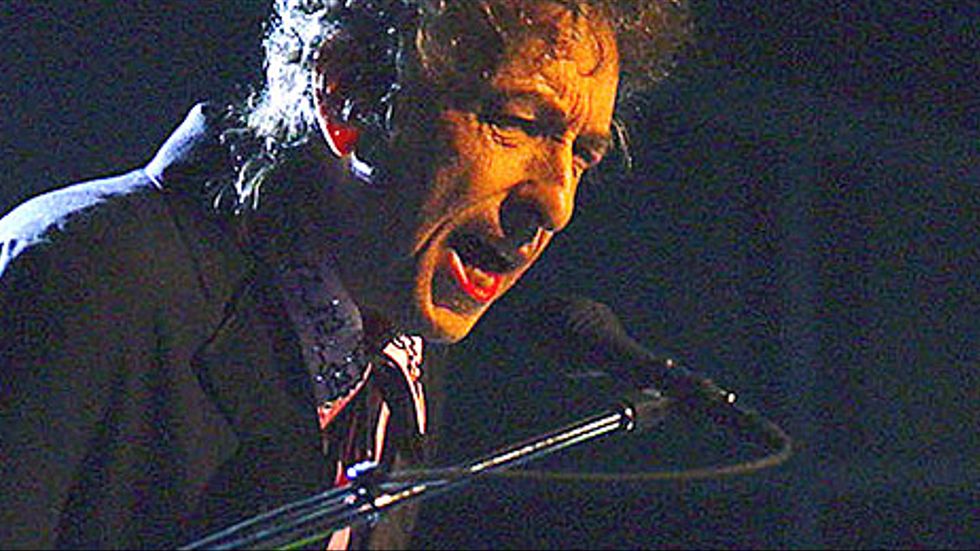 En bild på ikonen som är från en tidigare konsert - vid måndagens konsert i Globen bar Bob Dylan hela tiden en liten hatt.