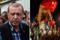 Turkiets president Recep Tayyip Erdoğan efter begravningen på söndagen. Till höger: Firande på Taksimtorget i Istanbul på lördagskvällen.