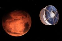 Den amerikanska rymdfarkosten med rovern Perseverance närmar sig Mars yta. Illustration från Nasa.