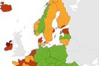 Del av smittskyddsmyndigheten ECDC:s karta över var i Europa som smittspridningen är högst. Bedömningarna baserar sig på nya covidfall per 100 000 invånare. 