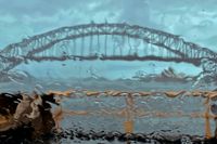 Sydney Harbour Bridge i regnovädret som det såg ut för ett par dagar sedan.