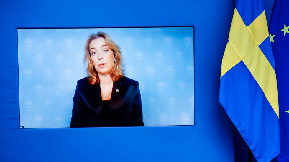 Klimat- och miljöminister Annika Strandhäll (S) håller en digital pressträff om slutförvaret av använt kärnbränsle.