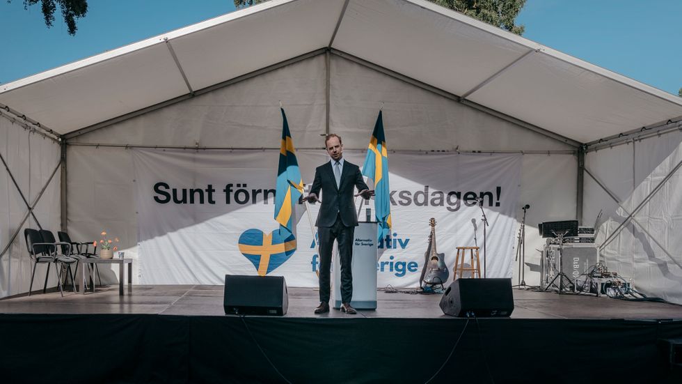 Alternativ för Sveriges (AFS) partiordförande Gustav Kasselstrand talade på partiets valupptakt i Rålambshovsparken Stockholm i början på månaden.