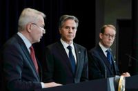 Utrikesministrarna (från vänster) Pekka Haavisto, Antony Blinken och Tobias Billström träffades i Washington i USA på torsdagen. Möten hölls alla tre tillsammans och på tu man hand med amerikanen.