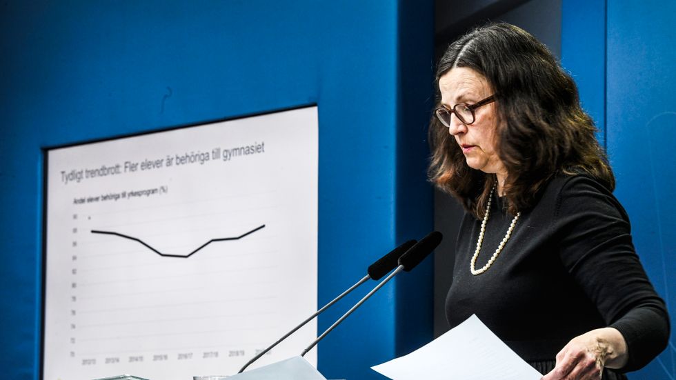 Utbildningsminister Anna Ekström (S) under torsdagens pressträff.