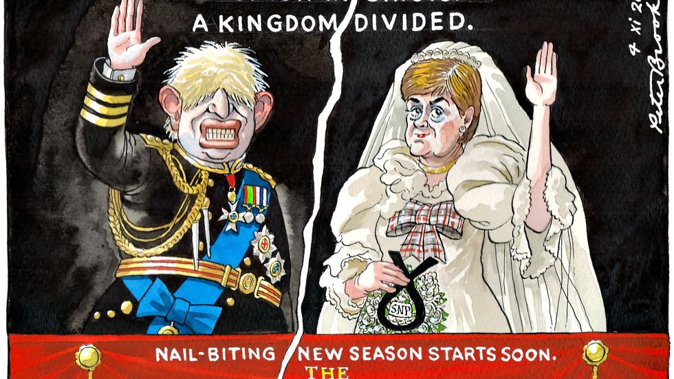 Brittisk satirteckning med ”The Crown”-tema. Boris Johnson är prins Charles och Skottlands försteminister Nicola Sturgeon prinsessan Diana.