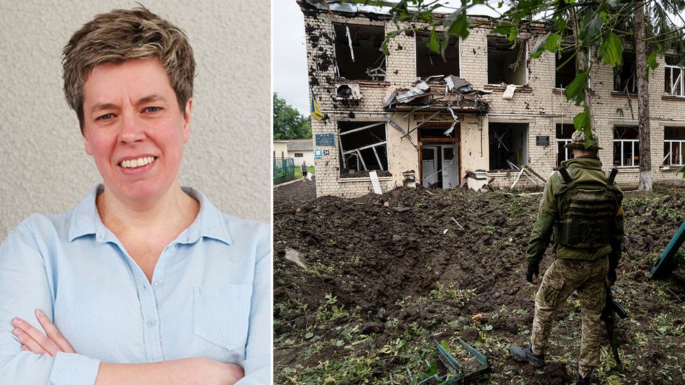 Anna Johansson, generalsekreterare på Amnesty i Sverige och en förstörd byggnad i Charkiv.