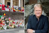 Europaparlamentariker Lars Adaktusson (KD) är kritisk till hur de rödgröna hanterar kampen mot terrorismen. Bilden t v: Efter dåden i Bryssel har människor lagt blommor, meddelanden, teckningar och flaggor på Place de la Bourse.