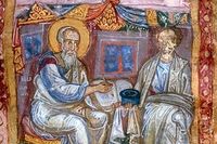 Aposteln Johannes, till vänster, avbildad med Markion, grundare till markionismen. 