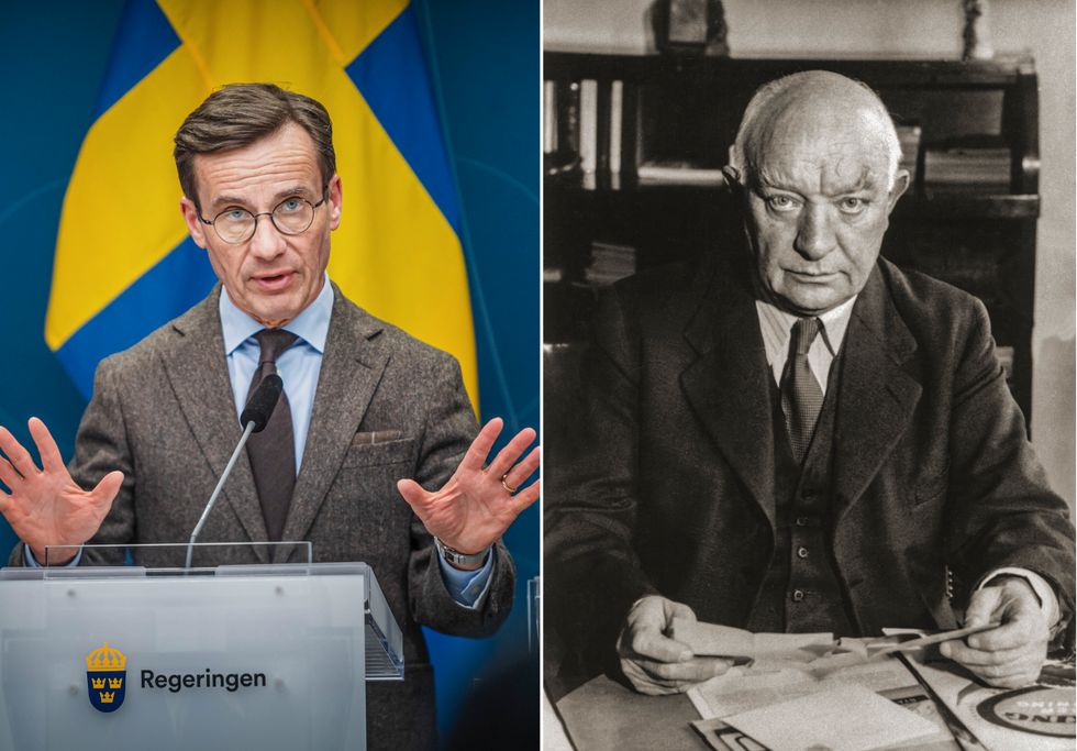 Statsminister Ulf Kristersson (M) och Per Albin Hansson (S), statsminister 1932–1936 samt 1936–1946.