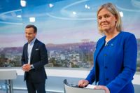 De båda statsministerkandidaterna inför höstens val vid TV4:s partiledardebatt den 5 juni: Ulf Kristersson och Magdalena Andersson. 
