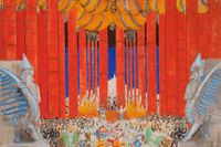 Isaac Grünewald, ”Dagontemplet, Akt III, scen 4”. Skiss till scendekor för operan ”Simson och ”Delila”, 1921.