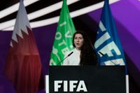 Lise Klaveness under sitt uppmärksammade Fifa-tal i Doha i den 31 mars. Arkivbild.