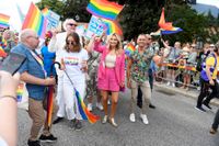 Kristdemokraternas partiledare Ebba Busch (KD) på 2022 års Prideparade i Stockholm. I år har hon andra åtaganden och deltar inte.