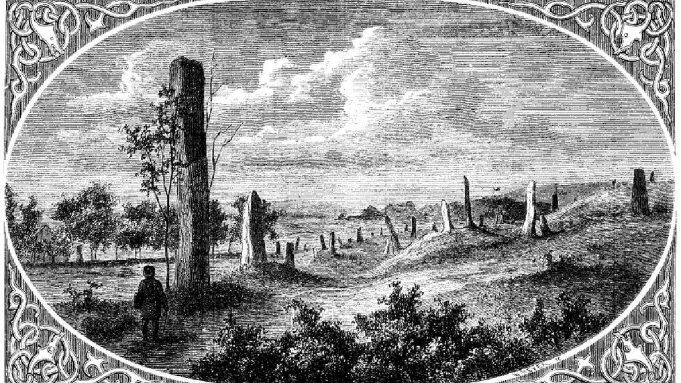 ”Valplatsen å Fjärås bräcka” av C S Hallbeck (1826-1897) visar de resta stenarna på Li gravfält.