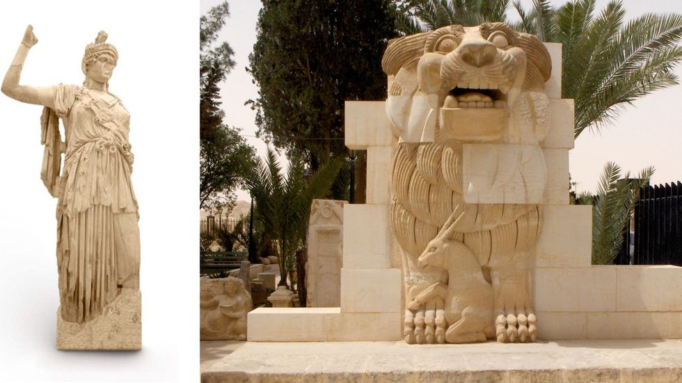 Den numera förstörda statyn av Allat/Athena samt den restaurerade lejonstatyn i Palmyra. 