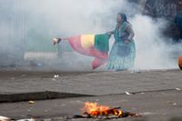 En anhängare till den avgångne presidenten Evo Morales demonstrerar i tårgas med en boliviansk flagga, med en flagga som representerar ursprungsbefolkningen ovanpå.