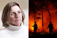 Isabella Lövin (MP), pråkrör och klimatminister. Till höger en bild från bränderna i Kalifornien. 