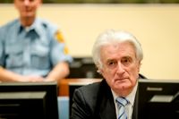 Radovan Karadzic får domen uppläst för sig i rättegångssalen i Haag på torsdagen.