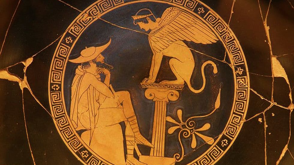 Oidipus med sfinxen i Tebe.