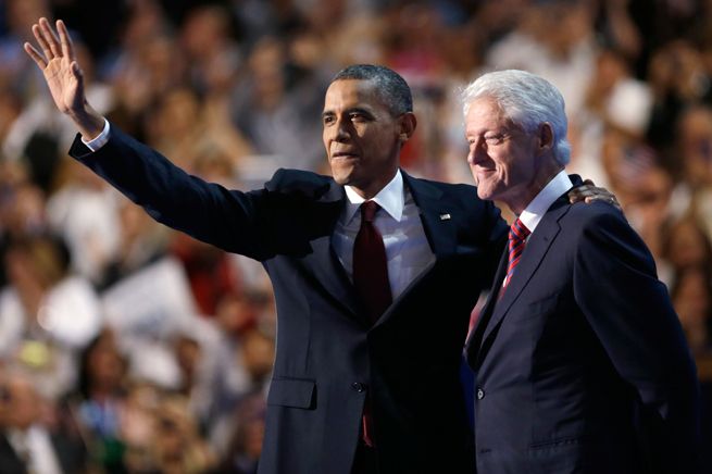 Barack Obama och Bill Clinton efter den senares tal i onsdags.