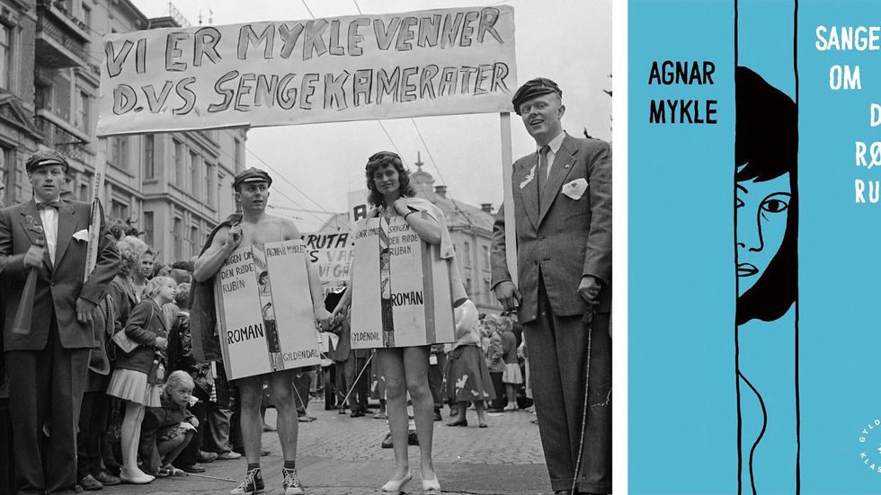 ”Myklevenner” demonstrerar i Oslo 1957 efter att Agnar Mykles roman ”Sången om den röda rubinen” åtalats för grovt sedlighetsbrott i Norge. 
