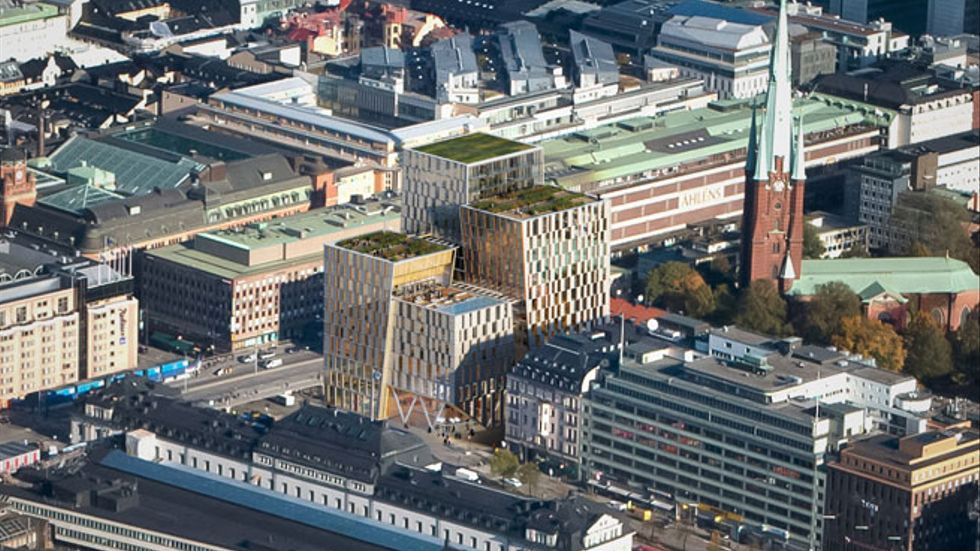 Flygbild över förslaget till Station Stockholm City i kvarteret Orgelpipan 6.