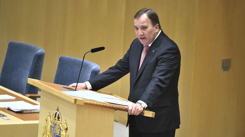 Statsminister Stefan Löfven (S) under den EU-politiska partiledardebatten i riksdagshuset.