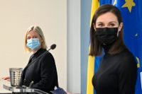 Magdalena Andersson och Sanna Marin på gemensam presskonferens i Helsingfors.