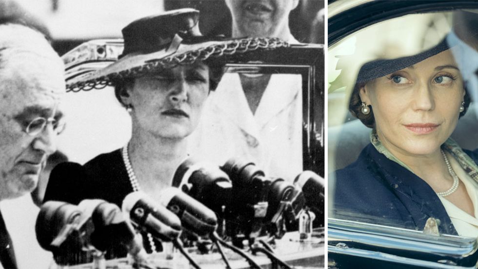 Rollfiguren ”Märtha” (Sofia Helin) har föga gemensamt med den verkliga Märtha, till vänster fotograferad tillsammans med Franklin D Roosevelt 1942. 