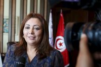 Wided Bouchamaoui, ledare för Tunisiens arbetsgivarorganistation UTICA, efter att ha fått beskedet om Nobelpriset.