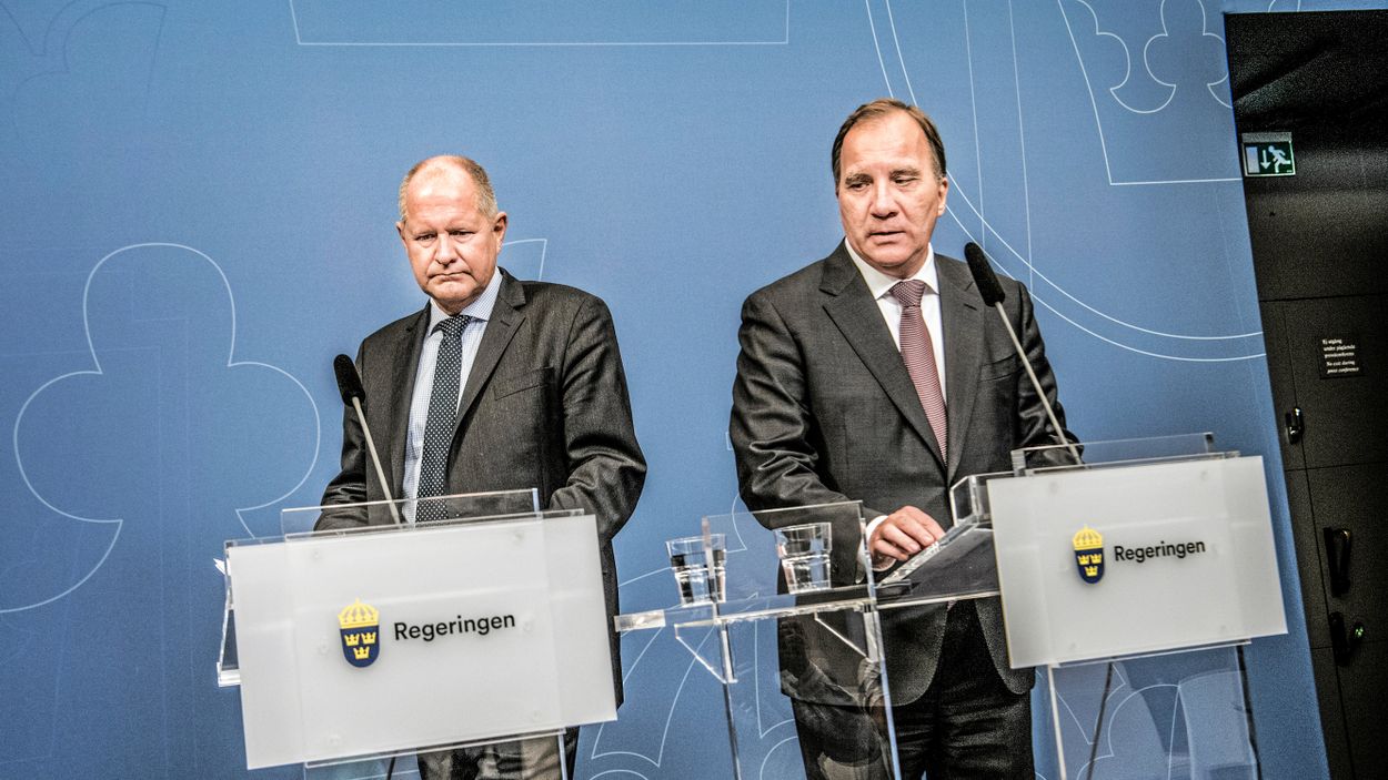 Dan Eliasson och Stefan Löfven under en pressträff  2018.
