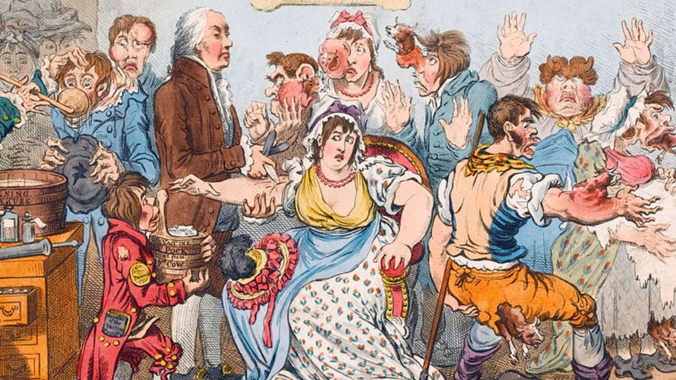”The cow-pock, or: The wonderful effects of the new inoculation!”, vaccinationskritisk karikatyr av James Gillray från 1802.  