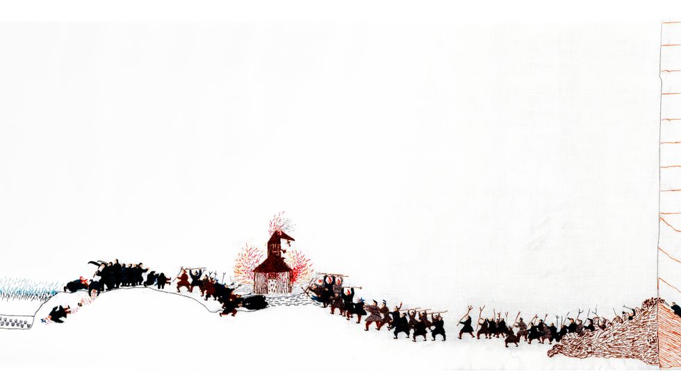 Britta Marakatt-Labbas 24 meter långa textila verk berättar bland annat om Kautokeinoupproret då en grupp samer år 1852 gick till angrepp mot representanter för det norska samhället.