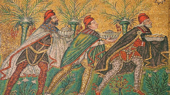 En bysantinsk väggmosaik föreställande de tre vise männen.