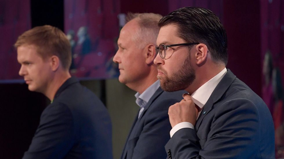 Jimmie Åkesson (SD) i debatt med Jonas Sjöstedt (V) och Gustav Fridolin (MP) inför valet 2018. 