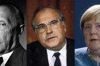 Långvariga förbundskanslerer. Från vänster till höger Konrad Adenauer, Helmut Kohl, Angela Merkel. Arkivbild/Montage.