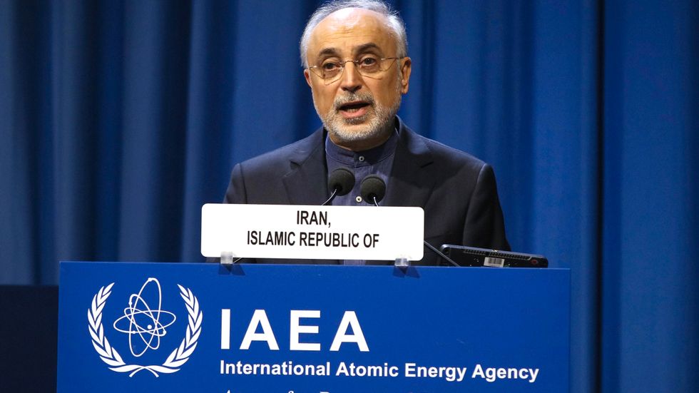 Irans kärnenergichef Ali Akbar Saleh under ett tal vid det Internationella atomenergiorganet IAEA:s årliga medlemsmöte i Wien i september. Arkivbild.
