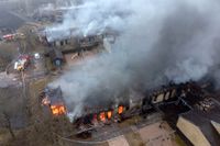 Bild från branden i mars på Södra sjukhusområdet i Ängelholm. Arkivbild.
