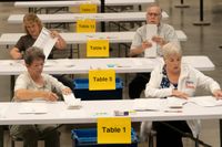 Rösterna efter en folkomröstning i Kansas har räknats om. Bild från räknandet i Wichita i onsdags.