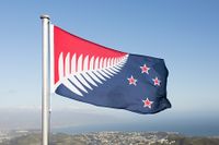 Flaggan "Silver fern" högt upp på en kulle. En av de två kandidater som leder enligt det preliminära resultatet. Den röda färgen representerar Nya Zeelands arv och det blåa representerar himlen och Stilla havet.