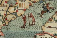 Detaljbild ur Olaus Magnus ”Carta Marina” från år 1539. Två män syns staka sig fram över Finska viken.