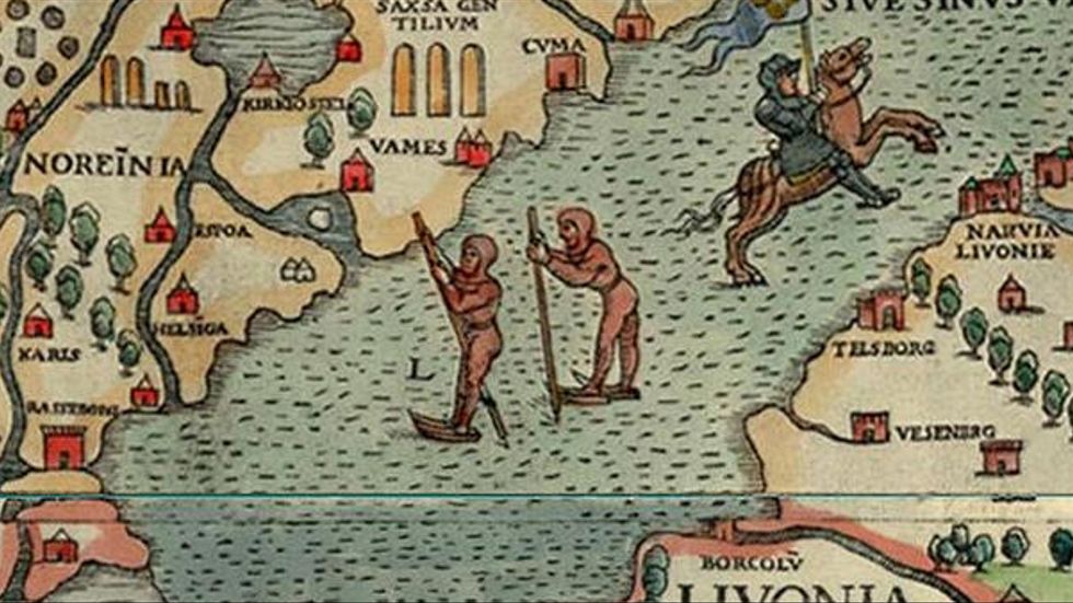 Detaljbild ur Olaus Magnus ”Carta Marina” från år 1539. Två män syns staka sig fram över Finska viken.