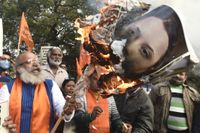 Hindunationalistiska demonstranter bränner bilder av Greta Thunberg i New Delhi. 