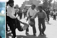 T h: Demonstranter släpar bort en skadad man i samband med kuppen mot Mossadegh i Iran 1953.