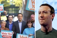 Irlands premiärminister Leo Varadkar låter sig fotograferas ihop med ja-kampanjens skyltar inför omröstningen i Irland den 25 maj om abortfrågan. Till höger, Facebookgrundaren Mark Zuckerberg.