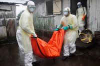 Vårdpersonal i Liberias huvudstad Monrovia bär ut en död kvinna som misstänks ha varit ebolasmittad.