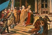 Bilden illustrerar hur påven Leo III krönar Karl den store. Händelsen ägde rum på juldagen i Peterskyrkan i Rom år 800.