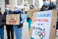 Demonstranter utanför det kinesiska konsulatet i franska Lyon krävde förra helgen en diplomatisk bojkott av vinter-OS i Peking.