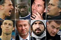 Förväntansfullt fotbollsgäng (övre raden fr v): Zlatan Ibrahimovic, Mario Balotelli, Lionel Messi, José Mourinho, Cristiano Ronaldo, Roman Abramovitj, Andrea Pirlo och Manuel Neuer.